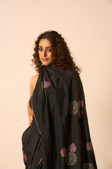 Juliee black hand block printed silk saree