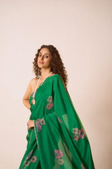 Juliee emerald green hand block printed silk saree