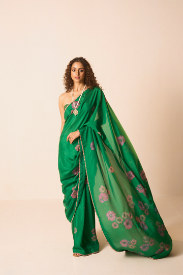 Juliee emerald green hand block printed silk saree