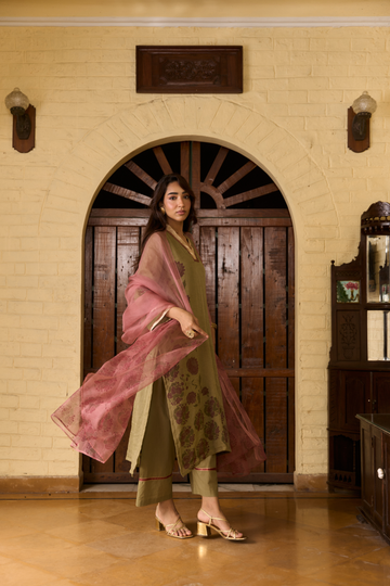 Coromandel Moss Green Tissue Kurta Set