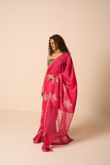 Juliee fuschia hand block printed silk saree