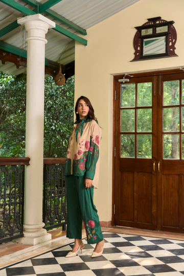 Coromandel beige and royal green applique co-ord set