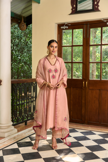 Rutba peach silk kurta set