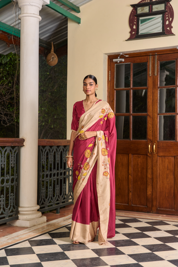 Coromandel  mulberry and beige applique silk saree