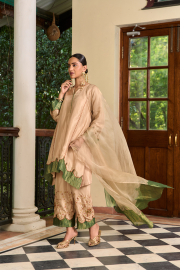 Gulbann beige and moss green silk choga set