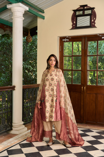 Rose jaal beige and burnt rose choga set