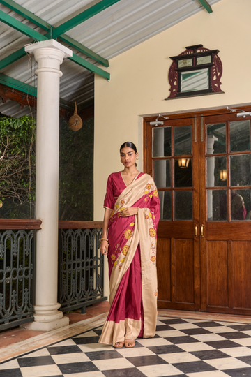 Coromandel  mulberry and beige applique silk saree