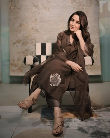 Tisca Chopra in Mehraab brown dori sequins & beads hand embroidered kurta set