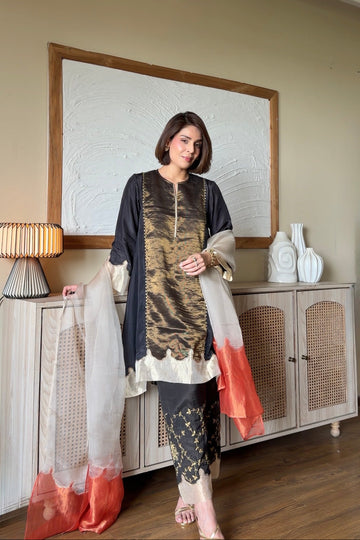 Roohi Marjara in Gulbann black silk choga set