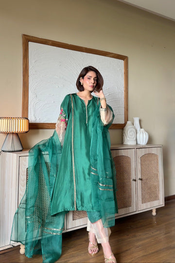 Roohi Marjara in Panna royal green silk choga set