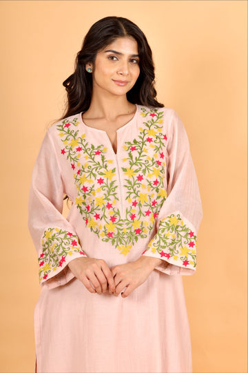 Mumtaz pink hand applique and jaal work mul chanderi kurta set