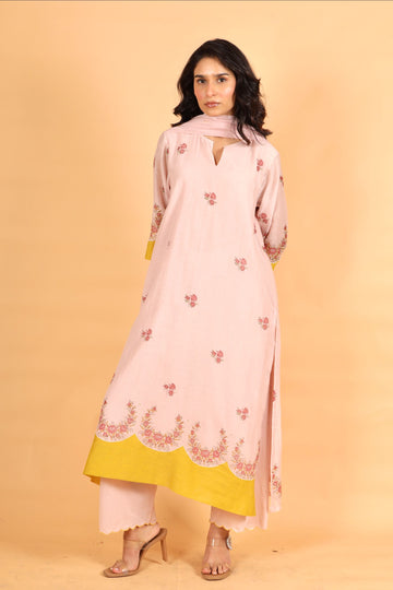 Elara pink hand block printed chanderi kurta set