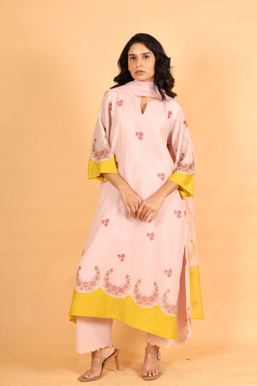 Elara pink hand block printed chanderi kurta set
