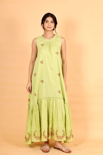 Elara lime green hand block printed mul cotton flowy dress