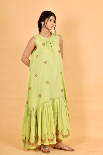 Elara lime green hand block printed mul cotton flowy dress