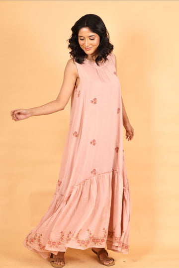 Elara burnt rose hand block printed mul cotton flowy dress