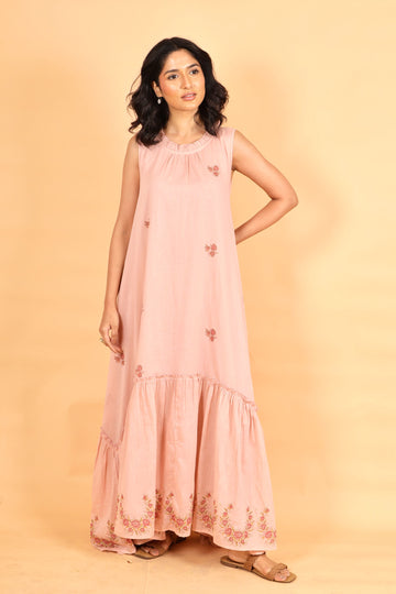 Elara burnt rose hand block printed mul cotton flowy dress
