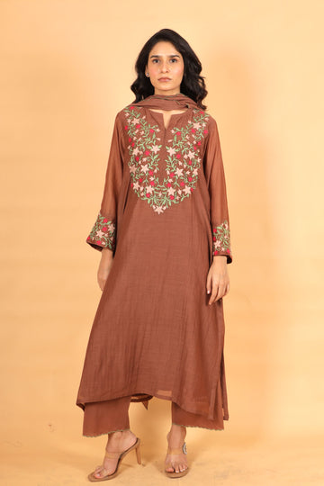 Mumtaz brown hand applique and jaal work mul chanderi kurta set