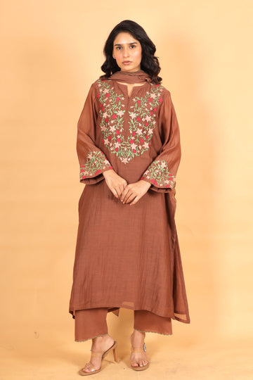 Mumtaz brown hand applique and jaal work mul chanderi kurta set