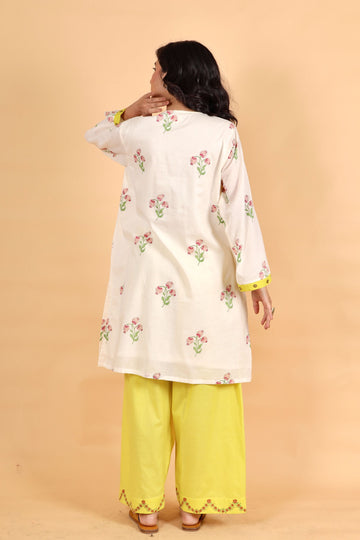 Anar lemon yellow hand block printed cotton short kurta set