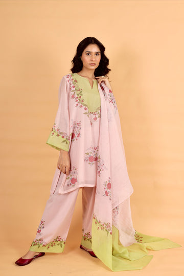 Nadley kosumi pink hand block printed chanderi short kurta set