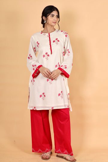 Anar ivory-fuschia hand block printed cotton short kurta set
