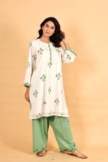 Anar ivory-celedon green hand block printed cotton short kurta set