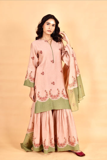 Elara burnt rose hand block printed chanderi sharara set