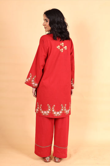Elara red hand block printed cotton short kurta set