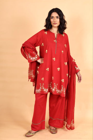 Elara red hand block printed cotton short kurta set