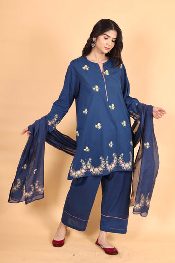 Elara indigo hand block printed cotton short kurta set