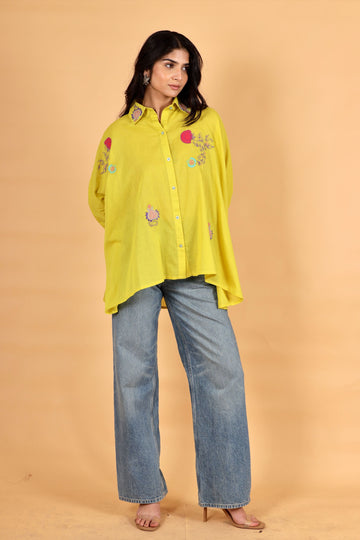 Anora lemon yellow applique cotton kaftan shirt