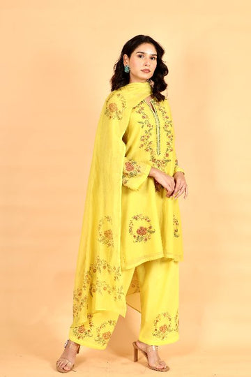 Sitara lime yellow hand block printed chanderi short kurta set