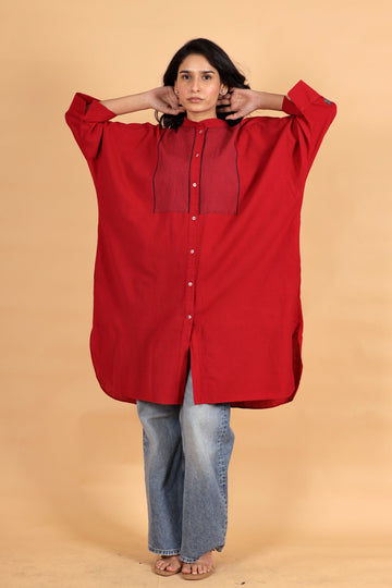 Jahan red hand thread and bead embroidered khadi kaftan