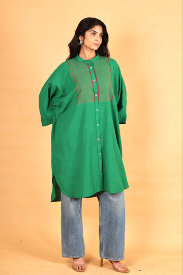Jahan green hand thread embroidered khadi kaftan