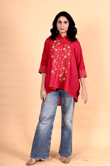 Mumtaz majenta hand applique cotton kaftan shirt