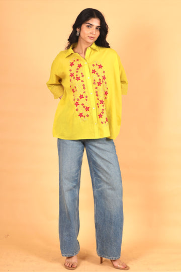 Mumtaz yellow hand applique cotton kaftan shirt