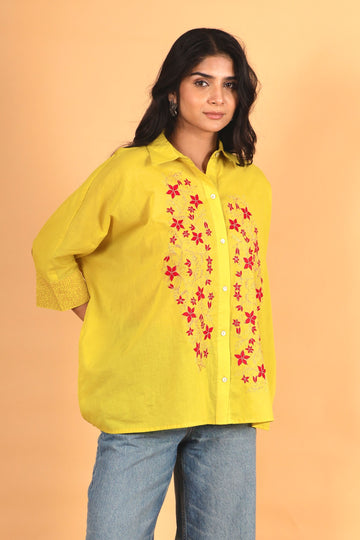 Mumtaz yellow hand applique cotton kaftan shirt