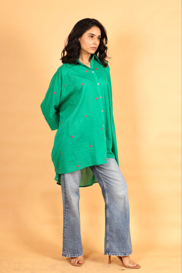Berry green hand thread embroidered cotton kaftan shirt