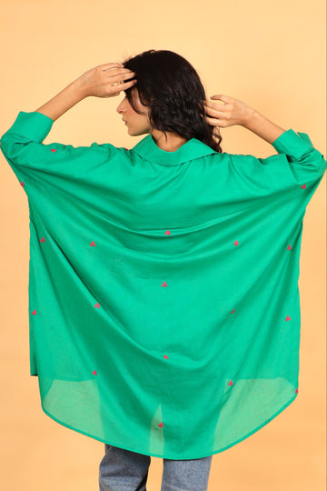 Berry green hand thread embroidered cotton kaftan shirt