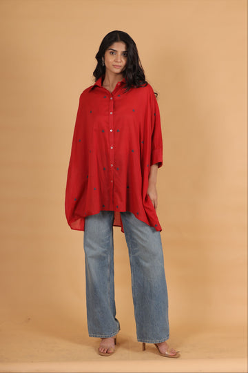 Berry red hand thread embrodered cotton kaftan shirt