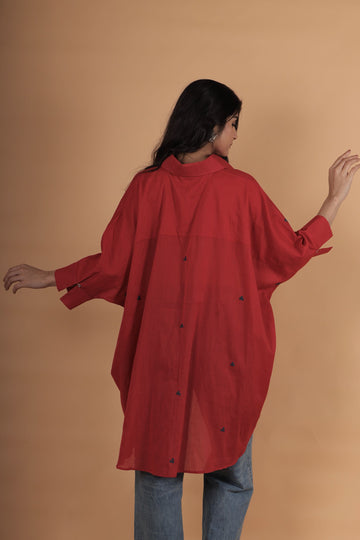 Berry red hand thread embrodered cotton kaftan shirt