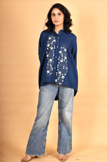 Mumtaz indigo hand applique cotton kaftan shirt