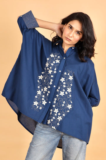 Mumtaz indigo hand applique cotton kaftan shirt