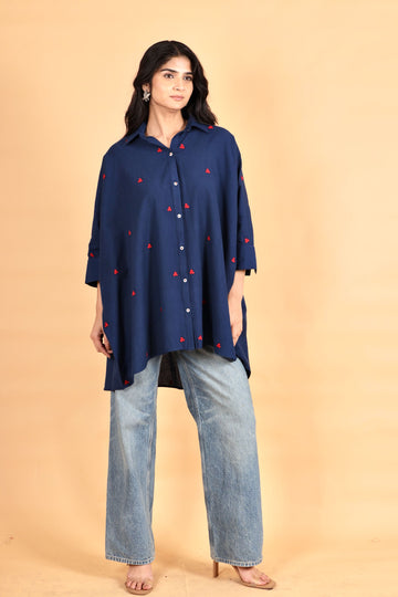 Berry indigo hand thread embrodered cotton kaftan shirt