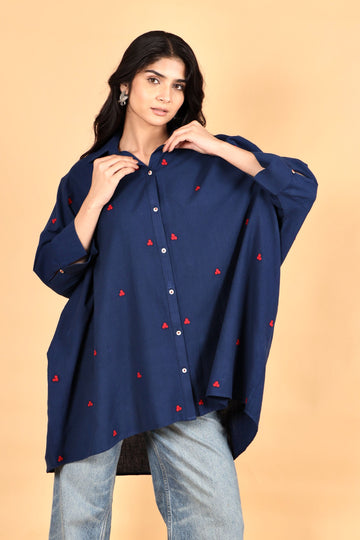 Berry indigo hand thread embrodered cotton kaftan shirt