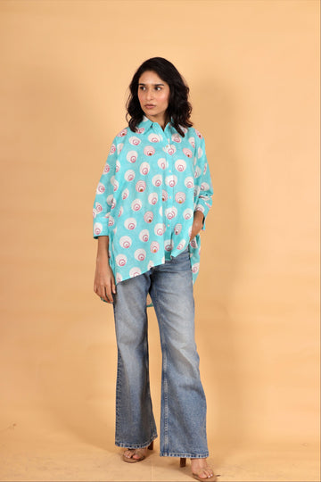 Chaand bindi sky blue hand block printed cotton kaftan shirt