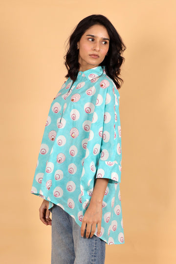 Chaand bindi sky blue hand block printed cotton kaftan shirt