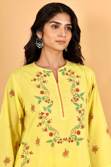 Sarah lime yellow hand block printed chanderi short kurta set