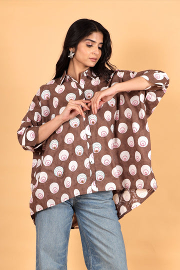 Chaand bindi brown hand block printed cotton kaftan shirt